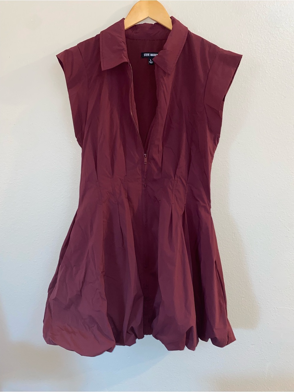 Steve Madden Dyanne Zip Front Bubble Mini Dress Deep Fig Wine Size L